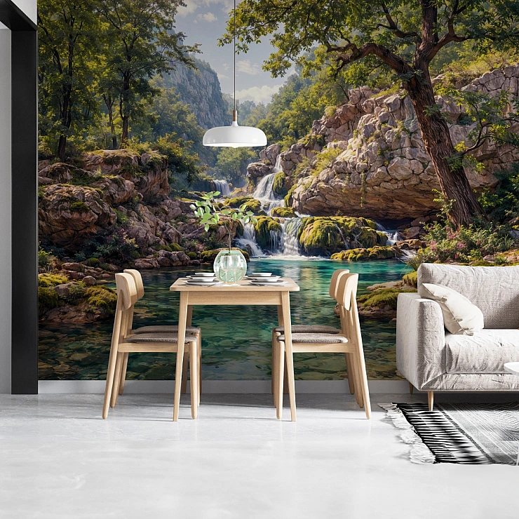 Forest Waterfall Lagoon Wall Mural – Scenic Nature Oasis Design