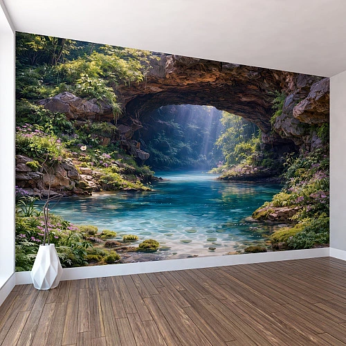 Hidden Cave Lagoon Wall Mural – Serene Nature Waterfall Landscape Design