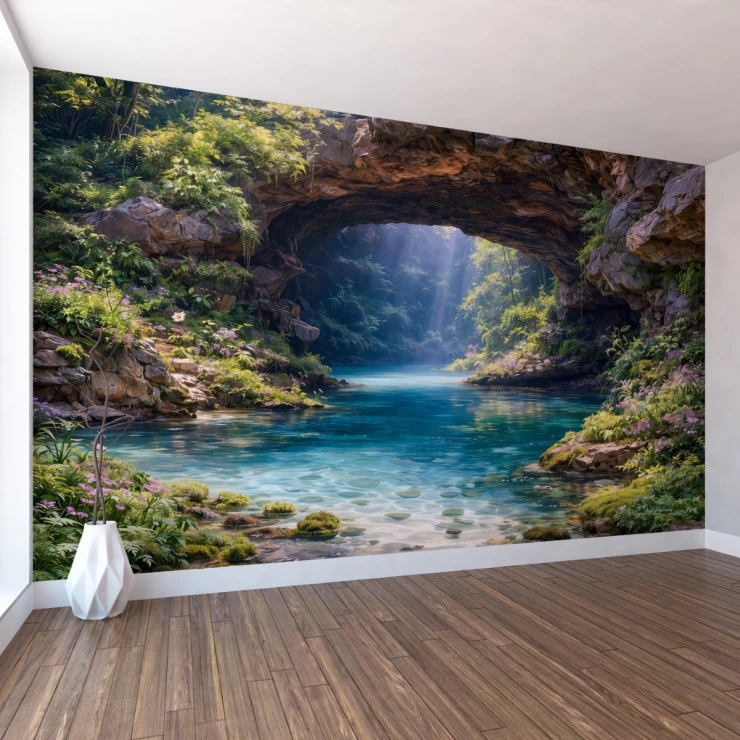 Hidden Cave Lagoon Wall Mural – Serene Nature Waterfall Landscape Design Hidden Cave Lagoon Wall Mural – Serene Nature Waterfall Landscape Design
