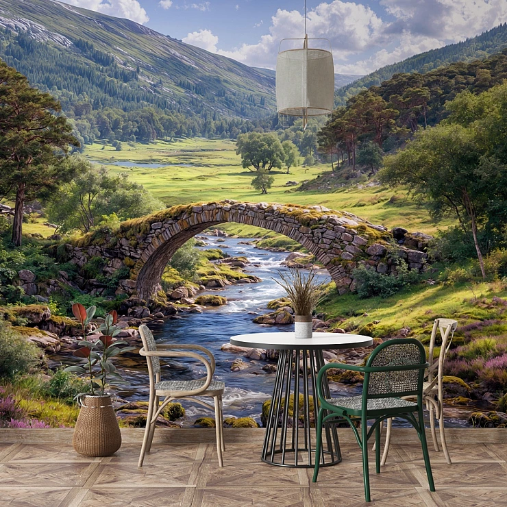 Countryside Stone Bridge Wall Mural – Scenic River Valley Landscape Design Countryside Stone Bridge Wall Mural – Scenic River Valley Landscape Design