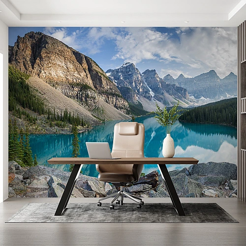 Turquoise Mountain Lake Wall Mural – Majestic Alpine Landscape Wallpaper for Office