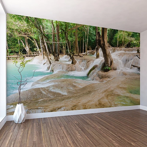 Tropical Waterfall Forest Wall Mural – Turquoise Cascade Nature Wallpaper for Living Room