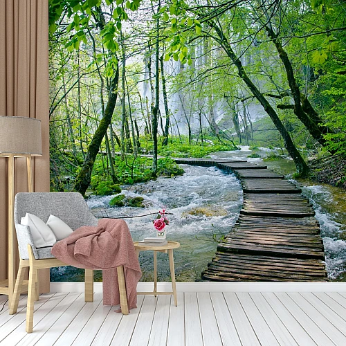 Forest Stream Wooden Path Wall Mural – Serene Nature Walkway Wallpaper for Living Room