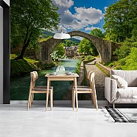Stone Bridge River Wall Mural – Scenic Nature Village Landscape Design