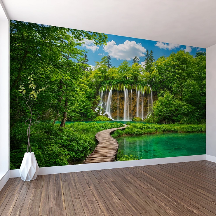 Green Forest Waterfall Wall Mural – Serene Nature Path Landscape