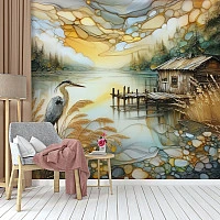 Golden Lake Cabin Wall Mural – Artistic Nature Landscape Wallpaper for Living Room