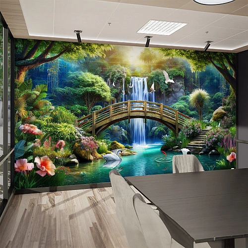 Fantasy Garden Waterfall Wall Mural – Lush Bridge Landscape Design