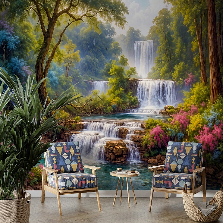 Enchanted Waterfall Forest Wall Mural – Vibrant Nature Landscape Wallpaper for Living Room