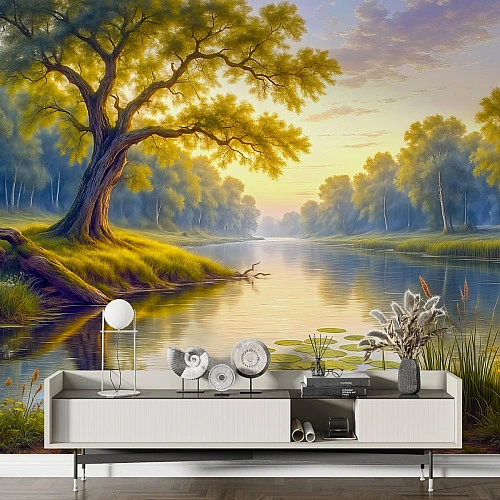 Sunlit River Landscape Wall Mural – Peaceful Nature Scene Design