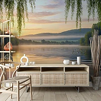 Sunset Lake Wall Mural – Peaceful Willow Nature Landscape