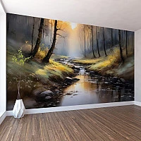 Sunlit Forest Stream Wall Mural – Tranquil Nature Landscape Design