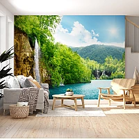 Lake Waterfall Wall Mural – Bright Nature Landscape Scenic Design