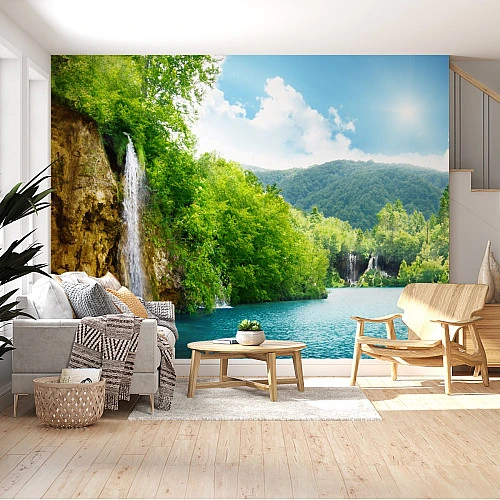 Lake Waterfall Wall Mural – Bright Nature Landscape Scenic Design