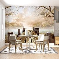 Wooden Pier Lake Wall Mural – Serene Sunrise Nature Landscape Design