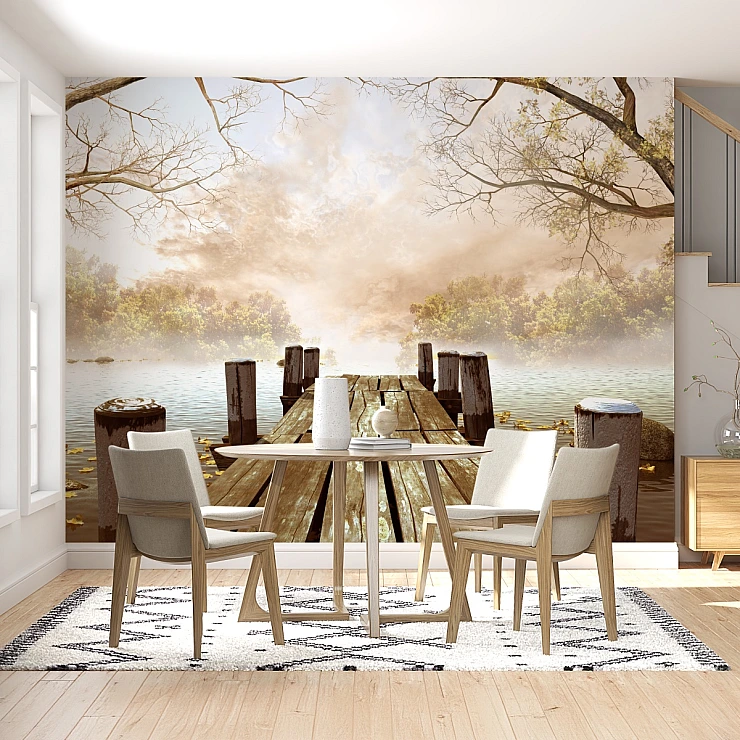 Wooden Pier Lake Wall Mural – Serene Sunrise Nature Landscape Design