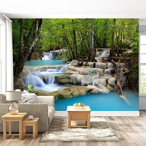 Forest Cascade Waterfall Wall Mural – Turquoise Nature Landscape Design