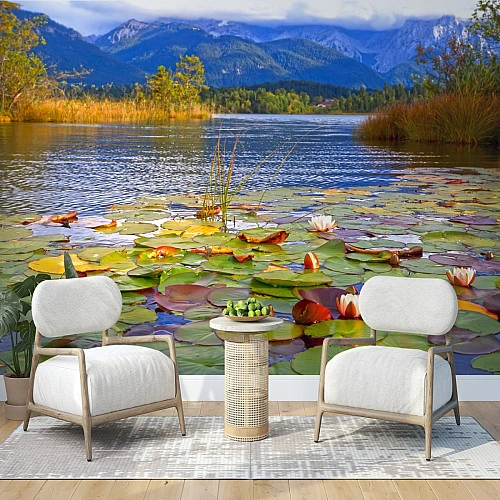 Mountain Lake Lily Wall Mural – Scenic Nature Landscape Design