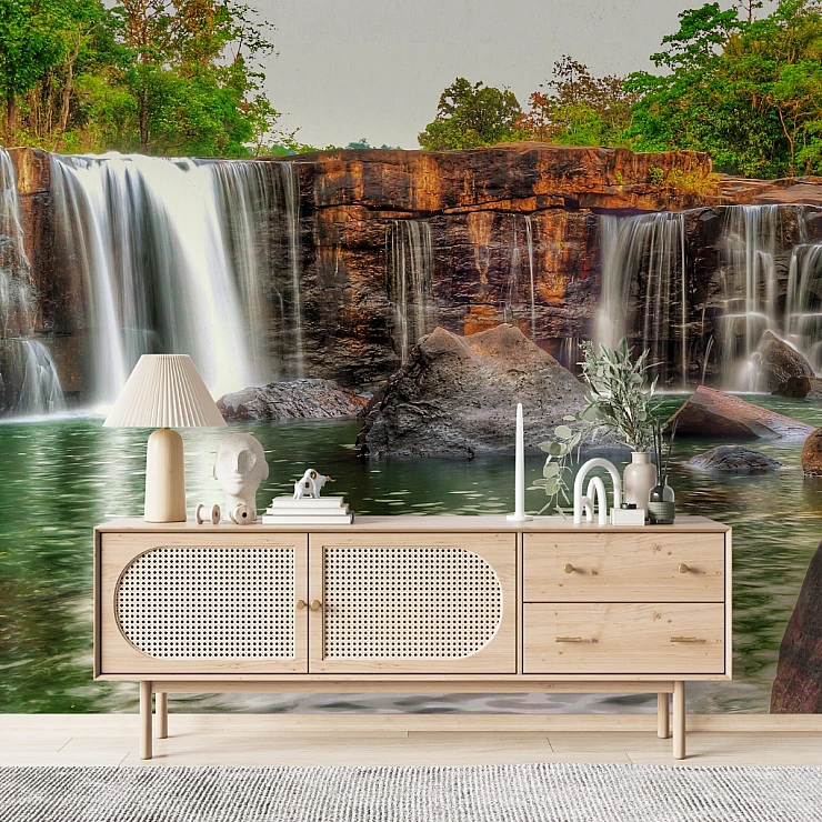 Waterfall Nature Wall Mural – Serene Rock Cascade Landscape Design Waterfall Nature Wall Mural – Serene Rock Cascade Landscape Design
