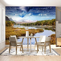 Autumn Lake Reflection Wall Mural – Scenic Mountain Water Landscape Wallpaper for Dining Room