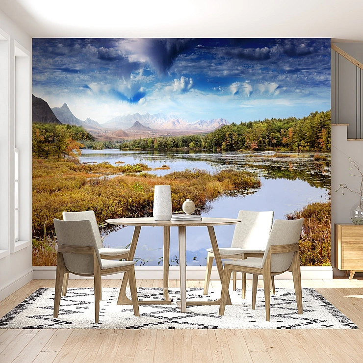 Autumn Lake Reflection Wall Mural – Scenic Mountain Water Landscape Wallpaper for Dining Room