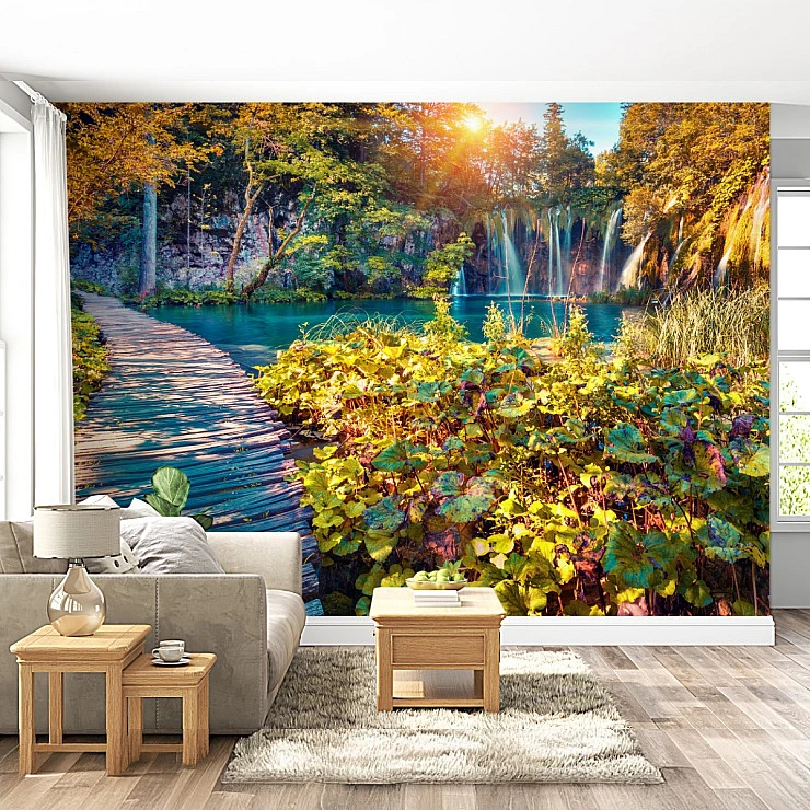 Sunlit Waterfall Path Wall Mural – Vibrant Nature Landscape Wallpaper for Living Room