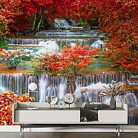 Red Autumn Waterfall Wall Mural – Vibrant Nature Landscape Design