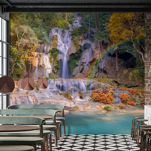 Grand Jungle Waterfall Wall Mural – Scenic Cascade Landscape Wallpaper for Commercial & Living Spaces