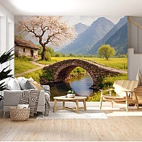 Countryside Cottage Bridge Wall Mural – Mountain Valley Landscape Design
