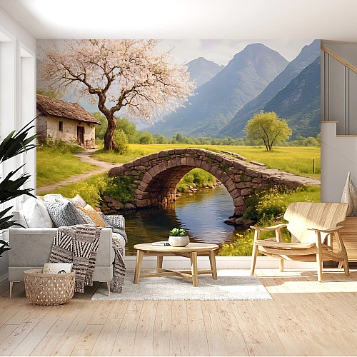 Countryside Cottage Bridge Wall Mural – Mountain Valley Landscape Design
