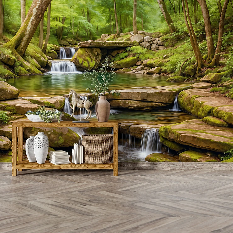 Forest Waterfall Wall Mural – Serene Green Nature Landscape Design