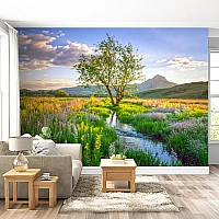 Wildflower Meadow Stream Wall Mural – Scenic Nature Landscape Wallpaper for Peaceful Interiors
