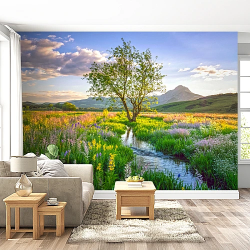 Wildflower Meadow Stream Wall Mural – Scenic Nature Landscape Wallpaper for Peaceful Interiors