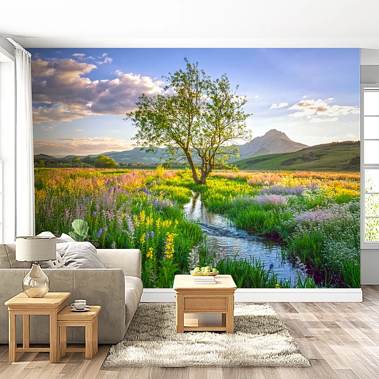 Wildflower Meadow Stream Wall Mural – Scenic Nature Landscape Wallpaper for Peaceful Interiors