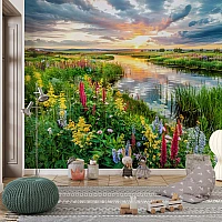 Colorful Meadow River Wall Mural – Sunset Nature Landscape Design