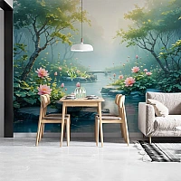 Serene Lotus Lake Wall Mural – Tranquil Nature Landscape Design