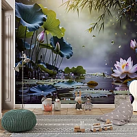 Serene Lotus Pond Wall Mural – Zen Water Garden Nature Design