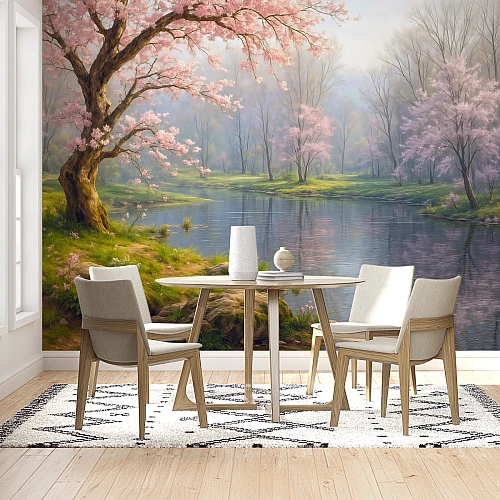 Cherry Blossom Lake Wall Mural – Serene Spring Nature Landscape Wallpaper