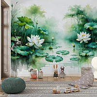 Serene Lotus Pond Wall Mural – Tranquil Water Garden Design