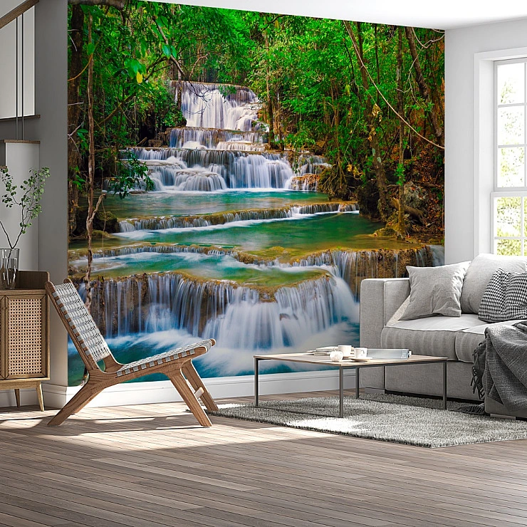 Multi-Tier Jungle Waterfall Wall Mural – Emerald Cascade Nature Wallpaper for Living Room