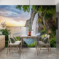 Coastal Cliff Waterfall Wall Mural – Mediterranean Sea View Wallpaper for Dining & Living Room