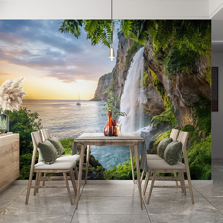 Coastal Cliff Waterfall Wall Mural – Mediterranean Sea View Wallpaper for Dining & Living Room