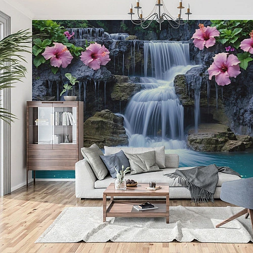 Floral Waterfall Wall Mural – Tropical Flowers Nature Cascade Design
