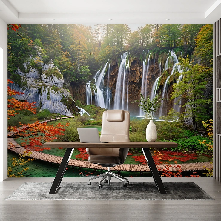 Forest Waterfall Wall Mural – Scenic Nature Path Landscape Design Forest Waterfall Wall Mural – Scenic Nature Path Landscape Design