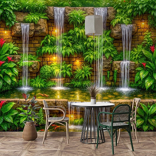 Luxury Garden Waterfall Wall Mural – Tropical Green Oasis Design