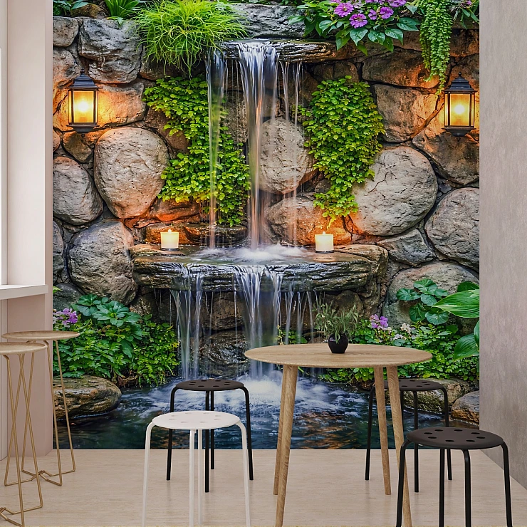 Natural Stone Waterfall Wall Mural – Relaxing Garden Fountain Wallpaper for Living Room
