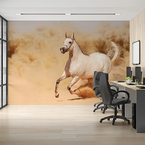 White Running Horse Wall Mural – Elegant Desert Motion Design