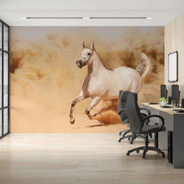 White Running Horse Wall Mural – Elegant Desert Motion Design