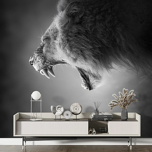 Roaring Lion Wall Mural – Black and White Wildlife Portrait Design