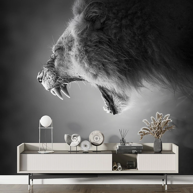 Roaring Lion Wall Mural – Black and White Wildlife Portrait Design