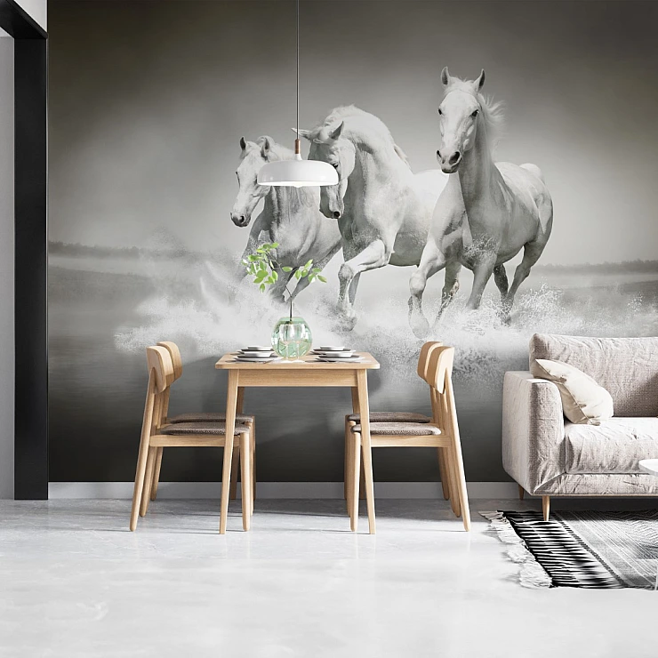 Black & White Running Horses Wall Mural – Elegant Monochrome Animal Art